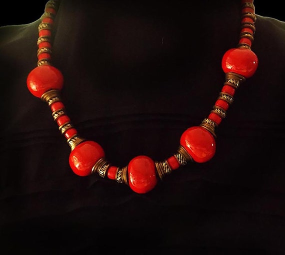 Real red necklace, ceramic or clay beads, bold st… - image 2