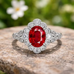 Puede incluir: Un anillo de tono plateado con una gran piedra preciosa de color rojo vibrante y corte ovalado en el centro. La piedra está rodeada por un halo festoneado de pequeñas piedras claras de corte redondo, con piedras claras adicionales en la banda.
