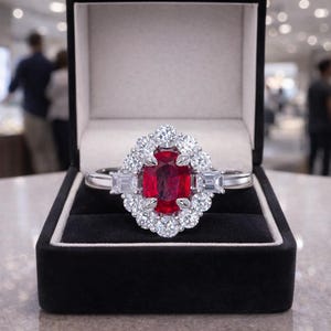 Pode incluir: Anel de prata com uma grande rubi oval, rodeada por um halo de diamantes menores. O anel é apresentado numa caixa de veludo preto. Uma joia.