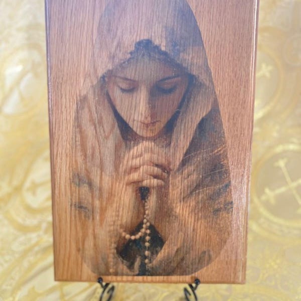 Our Lady of the Rosary Oak Plaque - Handcrafted Solid Wood Mary Icon