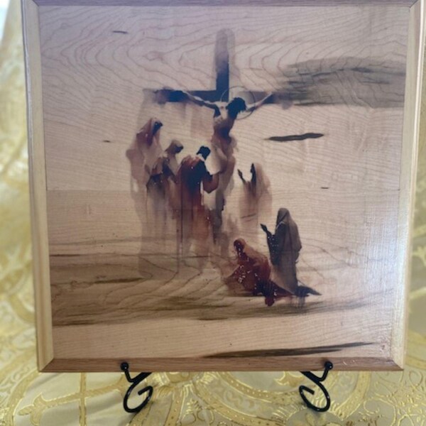 Crucifixion Scene Wood Plaque - Handcrafted Ambrosia Maple & Oak Religious Art