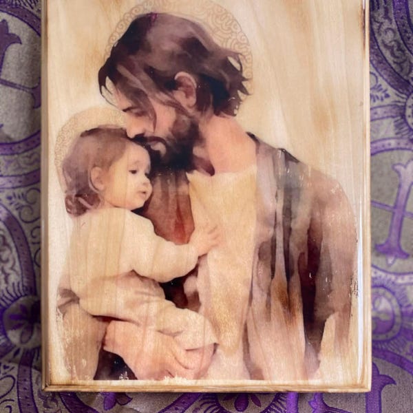 Handmade Saint Joseph and Child Jesus Pine Wood Plaque
