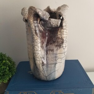 Handmade Torn Rim Curl Edge Artisan Studio Pottery Brutalist Textured Vase Blue Abstract Sculptural Vessel Shelf Home Decor Organic Raw Form