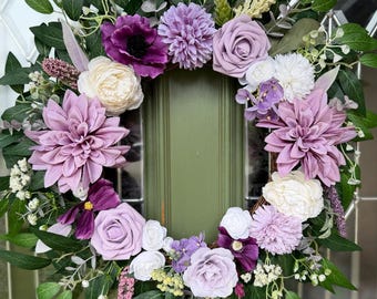 Purple Spring Wreath – Lavender & Mauve Floral Door Wreath – Full Greenery Wreath – Front Door Decor – Romantic Garden Style