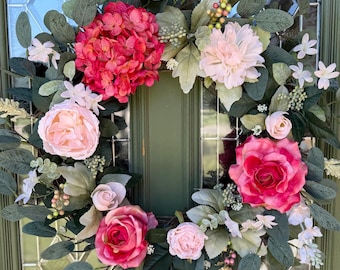 Spring Pink & Blush Floral Wreath – 27” Front Door Wreath – Cottage Garden Decor – Romantic Summer Wreath – Everyday Door Hanger