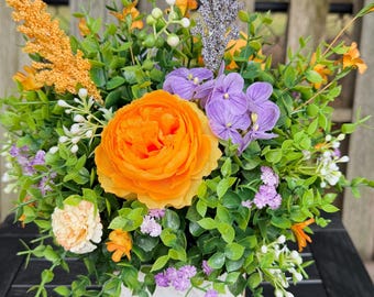 Orange & Lavender Spring Centerpiece – Faux Floral Arrangement in Rustic Wood Box – Bright Table Decor