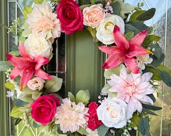 22" Pink White Floral Wreath | Lily Rose Cottage Farmhouse Door Decor