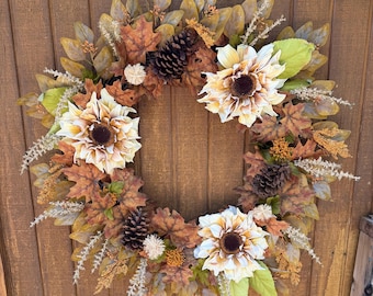 Übergroßer Herbstkranz (89 cm) – Rustikaler Herbst-Sonnenblumenkranz – Neutrale Herbst-Türdekoration – Großer Erntekranz – Landhaus-Türkranz