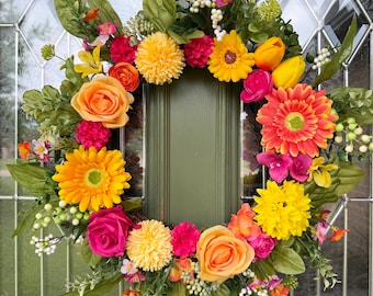 Heldere zomerkrans voor voordeur, kleurrijke bloemenkrans, roze oranjegele lentekrans, dagelijks deurdecor, handgemaakte krans