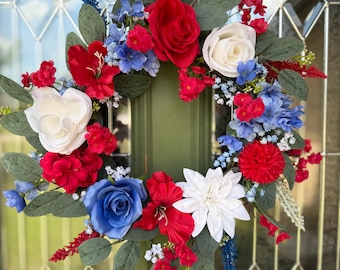 Rood wit blauwe bloemenkrans – Americana deurdecoratie boerderij – Patriottische zomerkrans