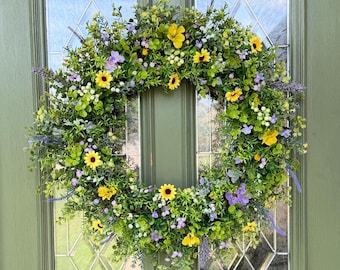 Sommer-Wildblumenkranz, gelbes Gänseblümchen-Haustürkranz, Lavendel-Grünkranz, Frühlings-Türdekor, alltäglicher Außenkranz 65 cm