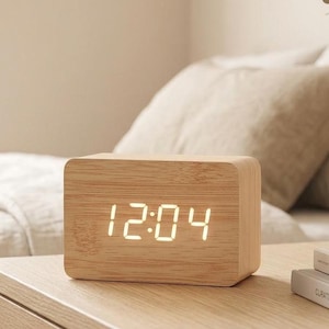 Wooden LED Digital Clock, Minimalist Bamboo Bedside Alarm, Temperature Display