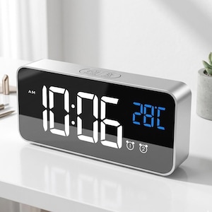 LED Digital Mirror Clock, Modern Bedside Alarm with Temperature, Large Display Snooze Desk Clock