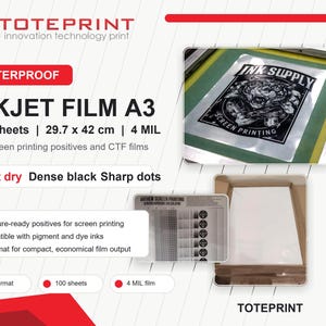 May include: A pack of 100 sheets of waterproof A3 inkjet film measuring 29.7 x 42 cm and 4 MIL thick. The product is designed for screen printing positives and CTF films, featuring fast-dry, dense black, and sharp dot printing capabilities.