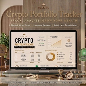 May include: A laptop screen displaying the Aurify Crypto Portfolio Tracker, a financial dashboard with charts, debt lists, and Google Sheets integration. The interface includes text like Total Debt, Debt Snowball Progress, and Portfolio Overview.