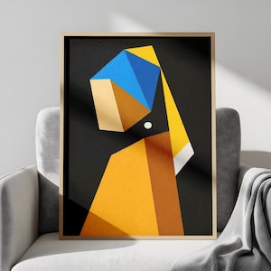 Puede incluir: Lámina de arte geométrico que representa una figura estilizada sobre un fondo negro. La obra de arte utiliza formas y colores llamativos, como el azul, el amarillo y el marrón, para crear un diseño moderno y abstracto. La impresión está enmarcada en un marco de madera natural.