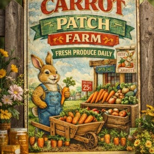 May include: A vintage-style sign for Carrot Patch Farm. The sign features a cartoon rabbit holding a carrot, with text that reads "Fresh Produce Daily" and "Locally Grown Vegetables." Carrots are displayed in wooden crates and a wheelbarrow.