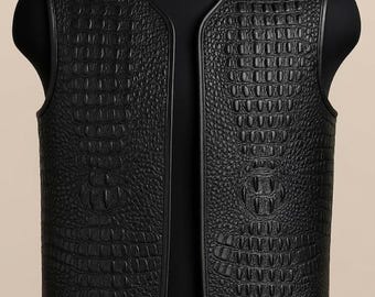 Mens Crocodile Leather Look Vest Handmade Biker Western Style Gilet Genuine Leather Motorcycle Waistcoat