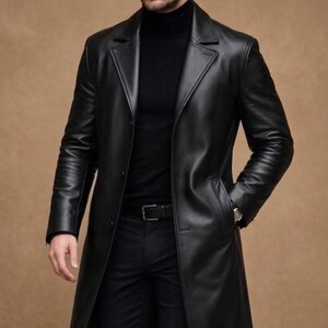 May include: A black leather trench coat featuring a notched lapel, long sleeves, and a button-front closure. The coat is worn over a black turtleneck sweater and black trousers with a black belt, creating a sleek, monochromatic layered look.
