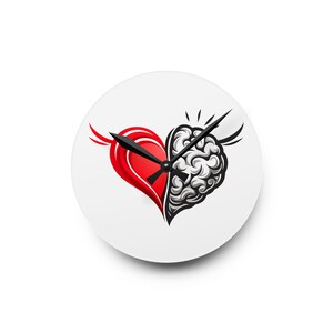 Heart Brain Split design Acrylic Wall Clock | Heart and Mind Illustration