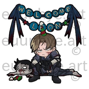 May include: A digital illustration featuring a chibi-style character in a police uniform, kneeling beside a zombie. A banner above reads "WELCOME LEON." The artwork has a cartoonish style with blood splatters and a festive party hat.