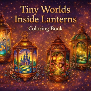 Puede incluir: Ilustración de la portada de un libro para colorear titulado "Tiny Worlds Inside Lanterns". La imagen presenta cinco faroles ornamentados con escenas detalladas en su interior, incluyendo un castillo y un bosque. El fondo es púrpura y brillante.