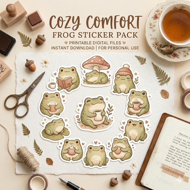 Cozy Frog Sticker Pack Digital Cottagecore Printable Stickers Cute ...