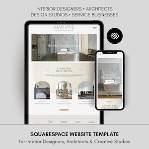 May include: A digital mockup of a website template displayed on a tablet and smartphone. The website design features a neutral colour palette with images of interior design. Text includes "MARLOWE" and "A HOME THAT FEELS LIKE YOU."
