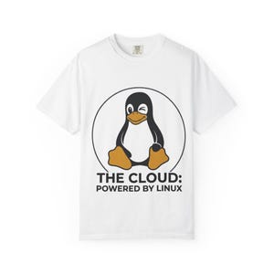 May include: White t-shirt with a cartoon penguin design. The penguin is black and white with orange feet and a winking eye, set within a black circle. The text "THE CLOUD: POWERED BY LINUX" is below the penguin.