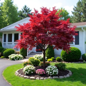 May include: A striking red Japanese maple tree in a garden setting, set against a white house. The tree's leaves are a rich crimson. The garden features a circular flower bed with various shrubs and a well-maintained lawn. The scene is a picture of suburban landscaping.