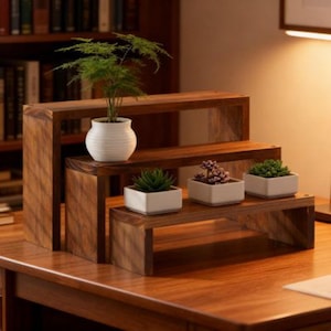 May include: A three-tiered wooden display stand with a dark brown finish, featuring a stepped design. The stand holds four white ceramic pots containing various green plants, including a tall fern and three small succulents arranged on the lower levels.