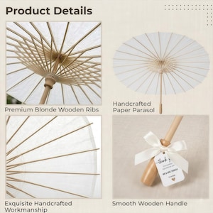 K&ouml;nnte beinhalten: Ein wei&szlig;er Papiersonnenschirm mit hellen Holzrippen und einem glatten Holzgriff. Am Griff ist ein wei&szlig;es Satinband mit einem Anh&auml;nger befestigt, auf dem steht: thank you for sharing our special day MR & MRS SNMISH 12.16.2026 mit einem Herzsymbol.