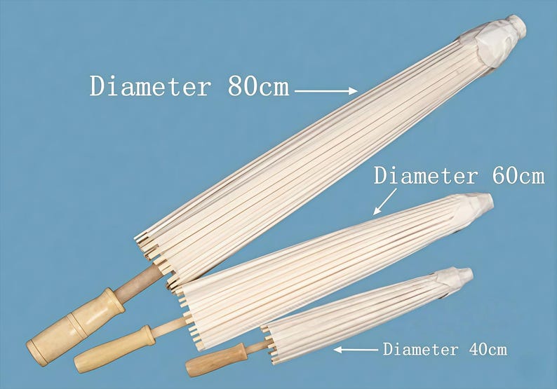 K&ouml;nnte beinhalten: Drei geschlossene wei&szlig;e Papierschirme mit hellen Holzgriffen, diagonal angeordnet. Die Schirme sind mit Durchmessern von 80 cm, 60 cm und 40 cm beschriftet. Das Design zeichnet sich durch eine gerippte Schirmstruktur und einen Holzgriff aus.