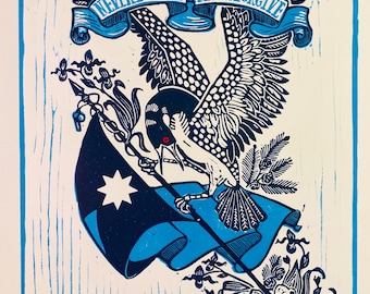 Loon Linocut "Never Forget" original block print in blue