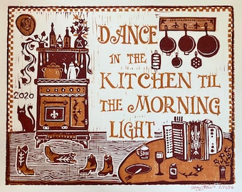 Linocut, Dance in the Kitchen, original block print