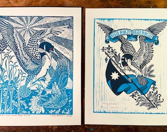 Loon Set, 2 Linocut prints, "El Pueblo Unido" and "Never Forget" in blue, handmade block prints