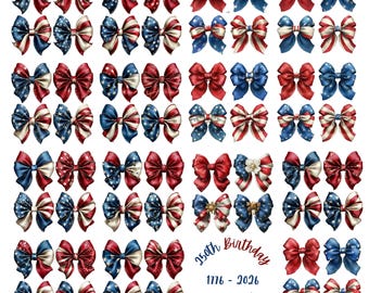 Patriotic Coquette Bow Clipart Bundle PNG | Red White Blue Stars & Stripes Bows | America 250th 1776–2026