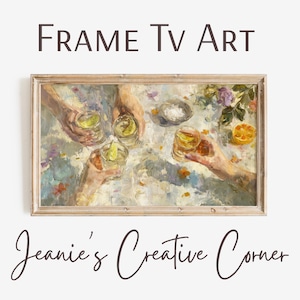 May include: A framed digital art print with a vintage aesthetic. The artwork depicts hands holding cocktails with lime wedges, a salt dish, and orange slices. The text "FRAME TV ART" and "Jeanie's Creative Corner" are displayed.