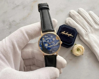 Montre unisex Van Gogh montre Art impressionniste montre minimaliste accessoire culturel pour tous noir et or bracelet cuir