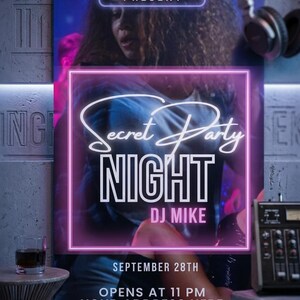 Black Secret Party Flyer | Canva Editable Nightclub Template | Industrial Glow DJ Event Poster | Party Invitation | Instant Digital Download