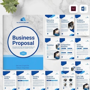Puede incluir: Una plantilla de propuesta comercial con un diseño azul y blanco. La portada muestra el título "Business Proposal" y el año 2028. Otras páginas incluyen secciones para resumen ejecutivo, declaración del problema, solución y proyecciones financieras. Para negocios y marketing.