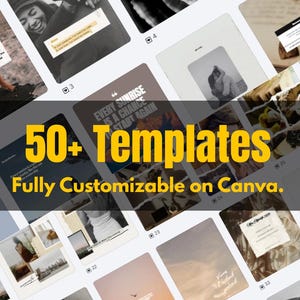 Puede incluir: Imagen promocional que muestra plantillas, con el texto "50+ Templates Fully Customizable on Canva." El logotipo de Canva es visible, junto con el logotipo de Instagram. Las plantillas presentan citas inspiradoras e imágenes de estilo de vida.