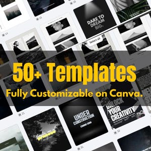 Puede incluir: Una colección de más de 50 plantillas, totalmente personalizables en Canva. La imagen presenta una variedad de diseños con citas motivacionales y elementos gráficos. El logotipo de Canva es visible en la esquina superior derecha y el de Instagram en la inferior izquierda.