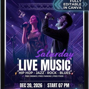 Puede incluir: Cartel digital para un evento de música en vivo, con un hombre y una mujer cantando. El cartel es morado y azul, con el texto "Live Music" y los detalles del evento. Incluye el texto "Fully Editable in Canva."