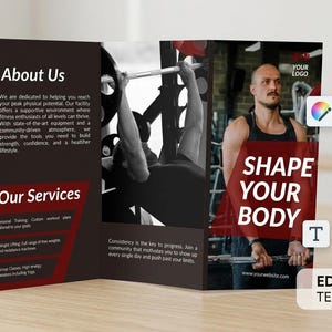 Puede incluir: Folleto con temática de fitness. La portada presenta el texto «Acerca de nosotros» y «Nuestros servicios». En el interior, hay imágenes de personas haciendo ejercicio con pesas. El texto «Shape Your Body» se muestra en letras grandes.