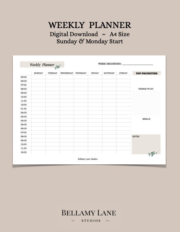 printable a4 weekly planner digital download etsy