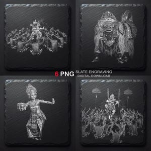 Puede incluir: Cuatro posavasos cuadrados de pizarra negra con grabados blancos detallados de escenas culturales balinesas, incluyendo una bailarina tradicional, una criatura mítica y actuaciones grupales. El texto 6 PNG SLATE ENGRAVING DIGITAL DOWNLOAD es visible.