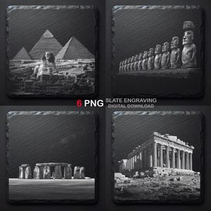 May include: A set of four square black slate coasters featuring white laser-engraved historical landmarks including the Egyptian pyramids and Sphinx, Moai statues, Stonehenge, and the Parthenon. The text 6 PNG SLATE ENGRAVING DIGITAL DOWNLOAD is visible.