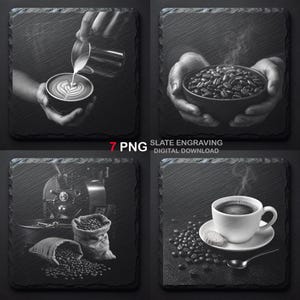 Puede incluir: Un juego de cuatro posavasos cuadrados de pizarra con grabados en blanco y negro de café, incluyendo arte latte, granos de café, una tostadora de café y una taza de café con una galleta, etiquetado 7 PNG SLATE ENGRAVING DIGITAL DOWNLOAD.