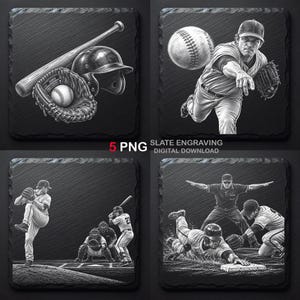 Può includere: Quattro sottobicchieri quadrati in ardesia con incisioni in bianco e nero a tema baseball. I disegni includono una mazza, un casco e una palla, un lanciatore in azione, un lanciatore con un ricevitore e un giocatore che scivola verso casa base.